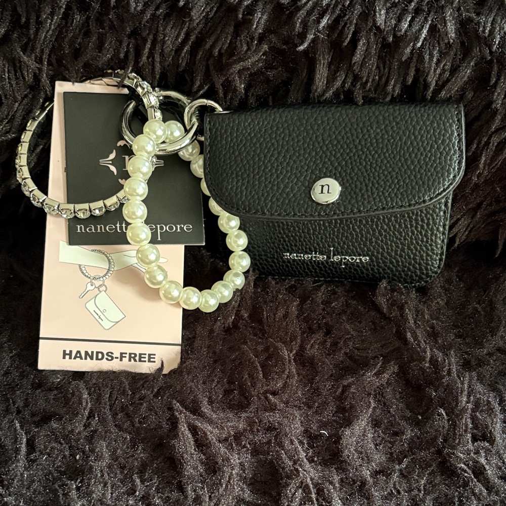 Nanette Lepore Black Keychain Wallet with Pearl Accent